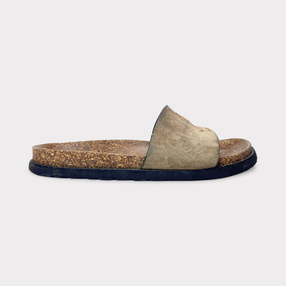 Saint Laurent Suede Slide Sandals in Taupe and Cork